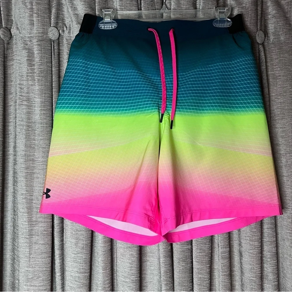 Under Armour Harbor Heritage Colorblock Swim Trunks Pink and Green Size Medium